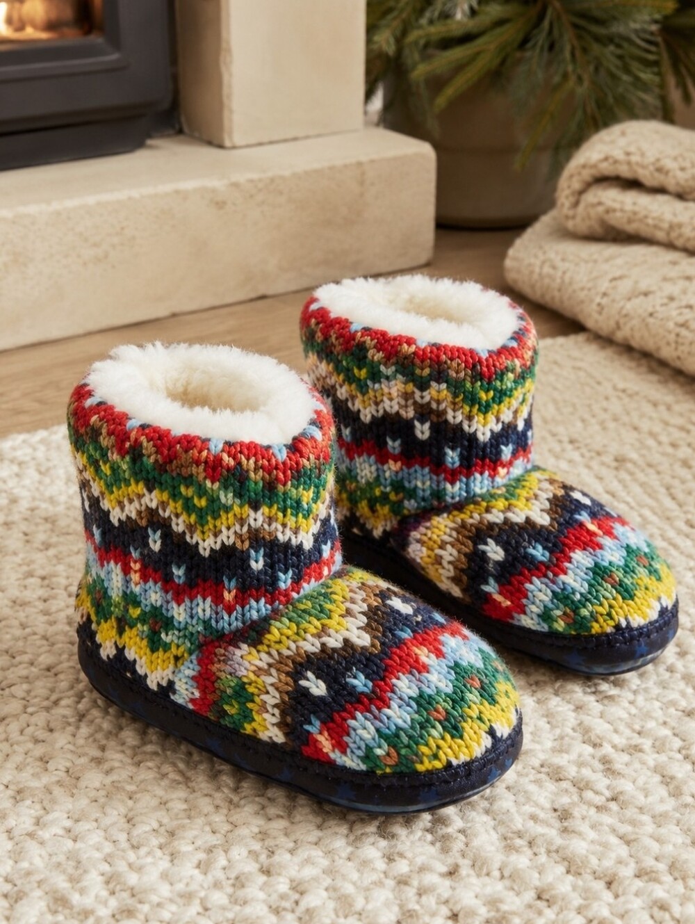 Mini Boden Toddler 5/6 Fair Isle Knit Slipper Boots Faux Fur Multicolor